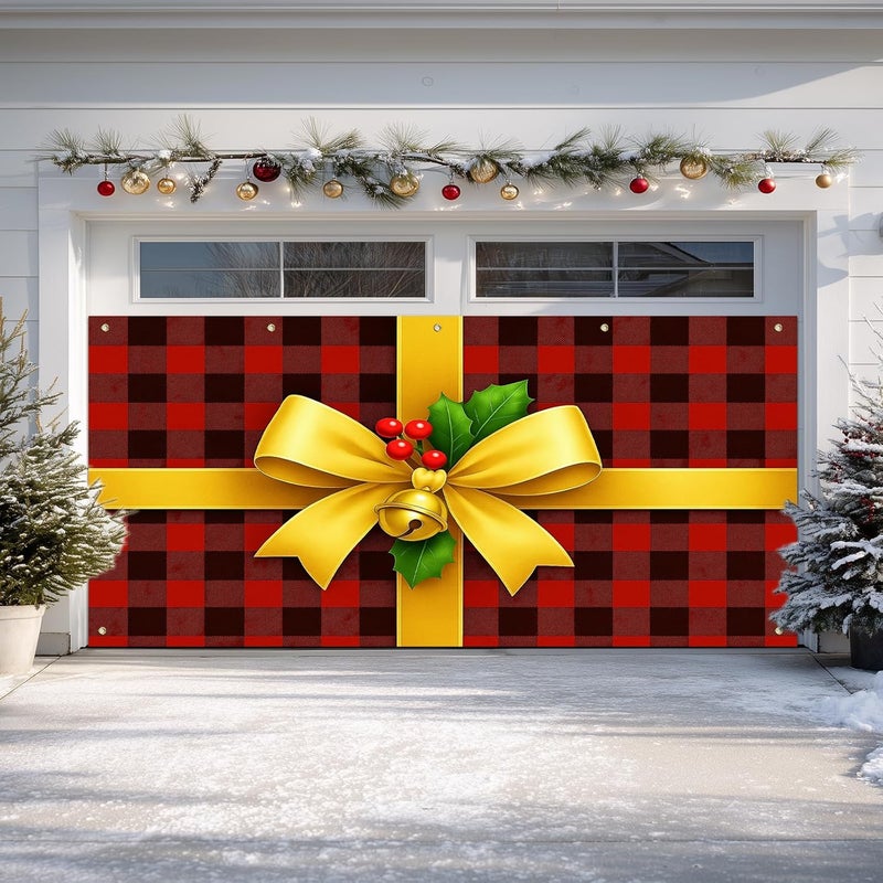 IVN Christmas Garage Door Banner 6x13 ft Buffalo Plaid Gift Wrap with Gold Bow and Bells Backdrop Decorative Holiday Christmas Garage Door Cover Mural Winter Scene Photo Backdrop - Image 1